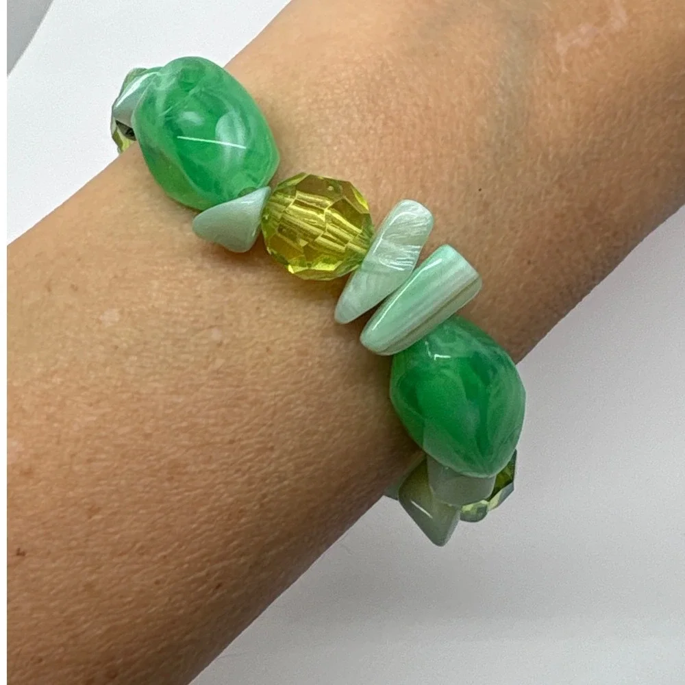 Fun Retro Boho Green Beaded Stretch Bracelet Fashion Jewelry Statement Accessory